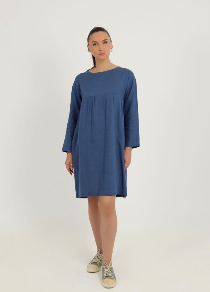 Женское синее платье из натуральной ткани лён\хлопок. Отрезное по линии груди. Платье с длинным рукавом. Выше колена.